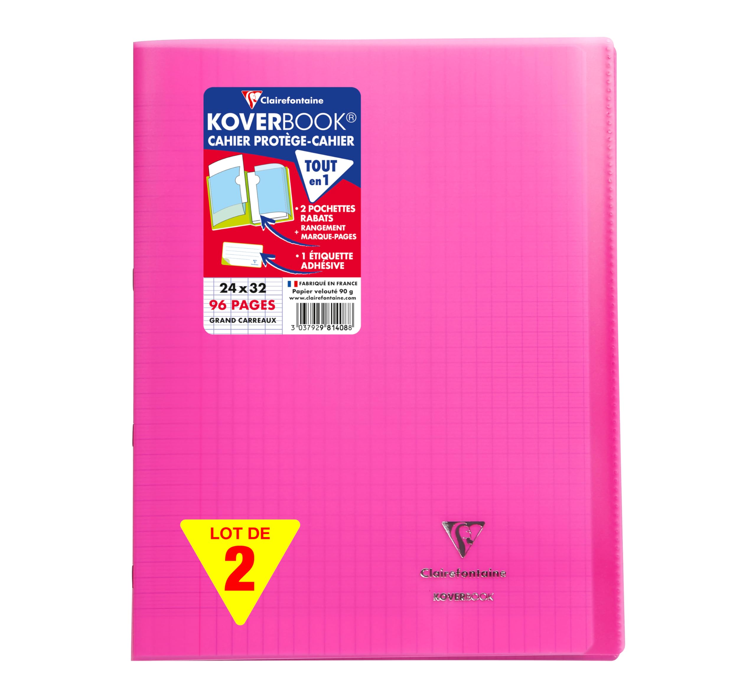 Clairefontaine 981408AMZC Un lot de 2 Cahiers Agrafés Koverbook 24x32 cm - 96 Pages Grands Carreaux - Papier Blanc 90 g - Couverture Polypro - Couleur : Rose