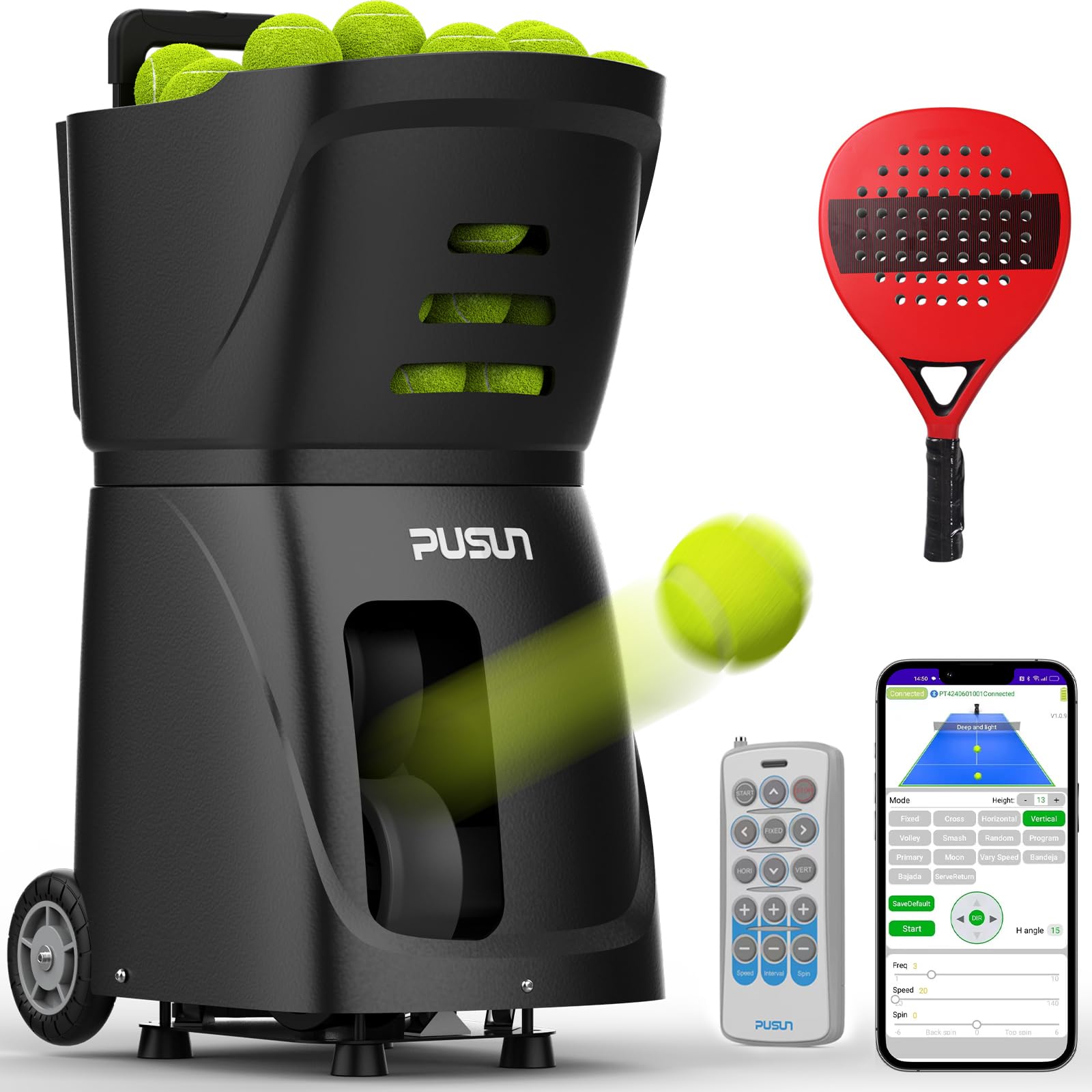 Genérico PT-Smart Professional Padel Ball Machine for Solo Practice - Smart App Control, 100+ Ball Capacity, Wireless Remote, 4-6H Battery Life, Variable Speed 20-120km/h, Multi-Training Modes