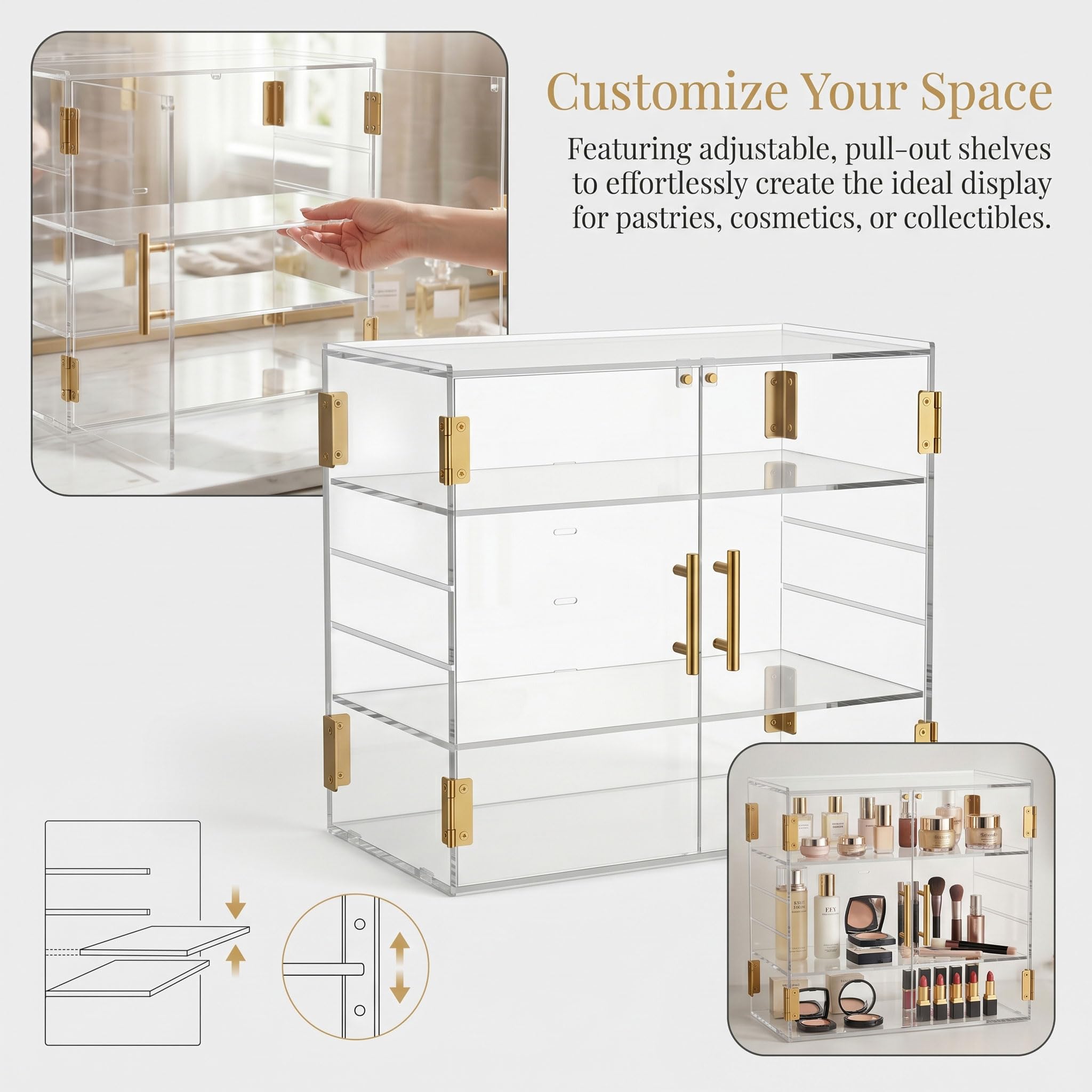 Vitrina de panadería mejorada de 3 niveles con puerta magnética | Vitrina acrílica para repostería de altura ajustable, para pan, postres, cosméticos, baño