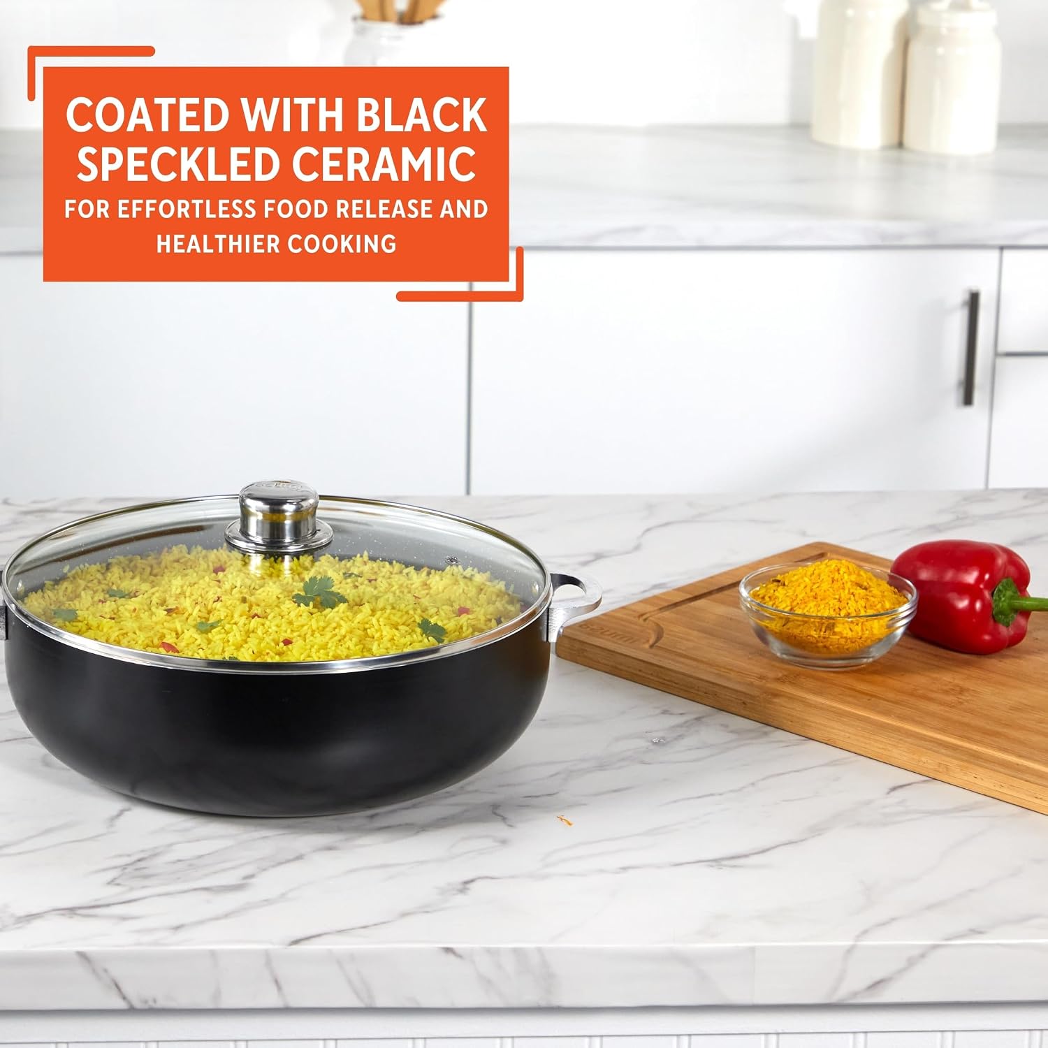IMUSA 9.0qt Bistro-Cera Aluminum Speckled Black Ceramic Caldero with Glass Lid, Black