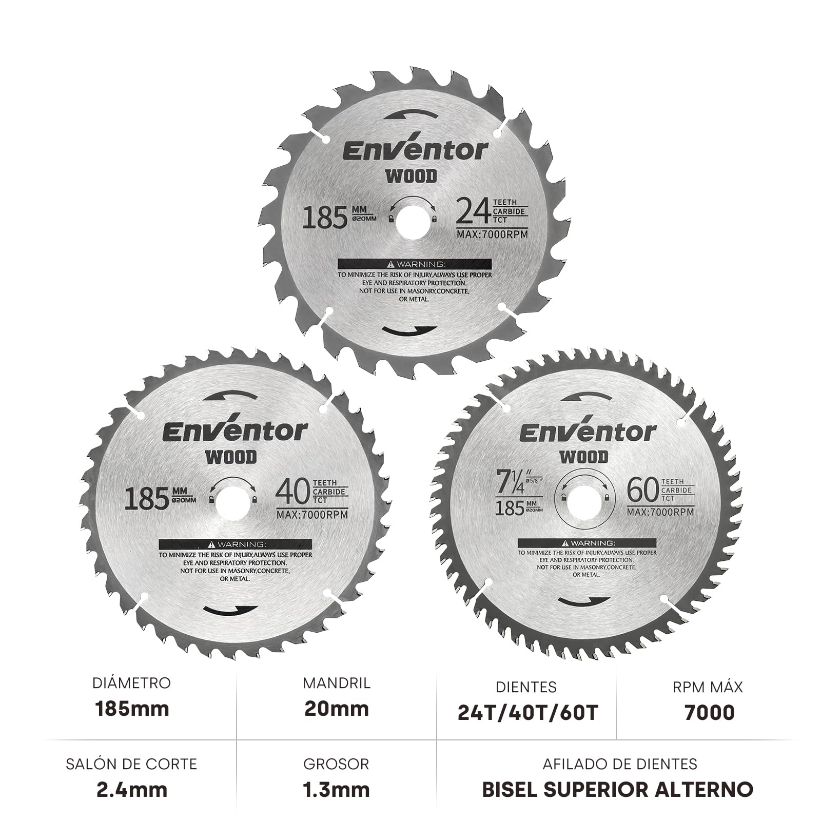 Enventor 3PCS Hoja de Sierra Circular 24T/40T/60T, 185mm x 20mm, Punta de Carburo de Tungsteno, Hoja de Sierra Circular de Mano para Madera, Compatible con Enventor Sierras Circulares