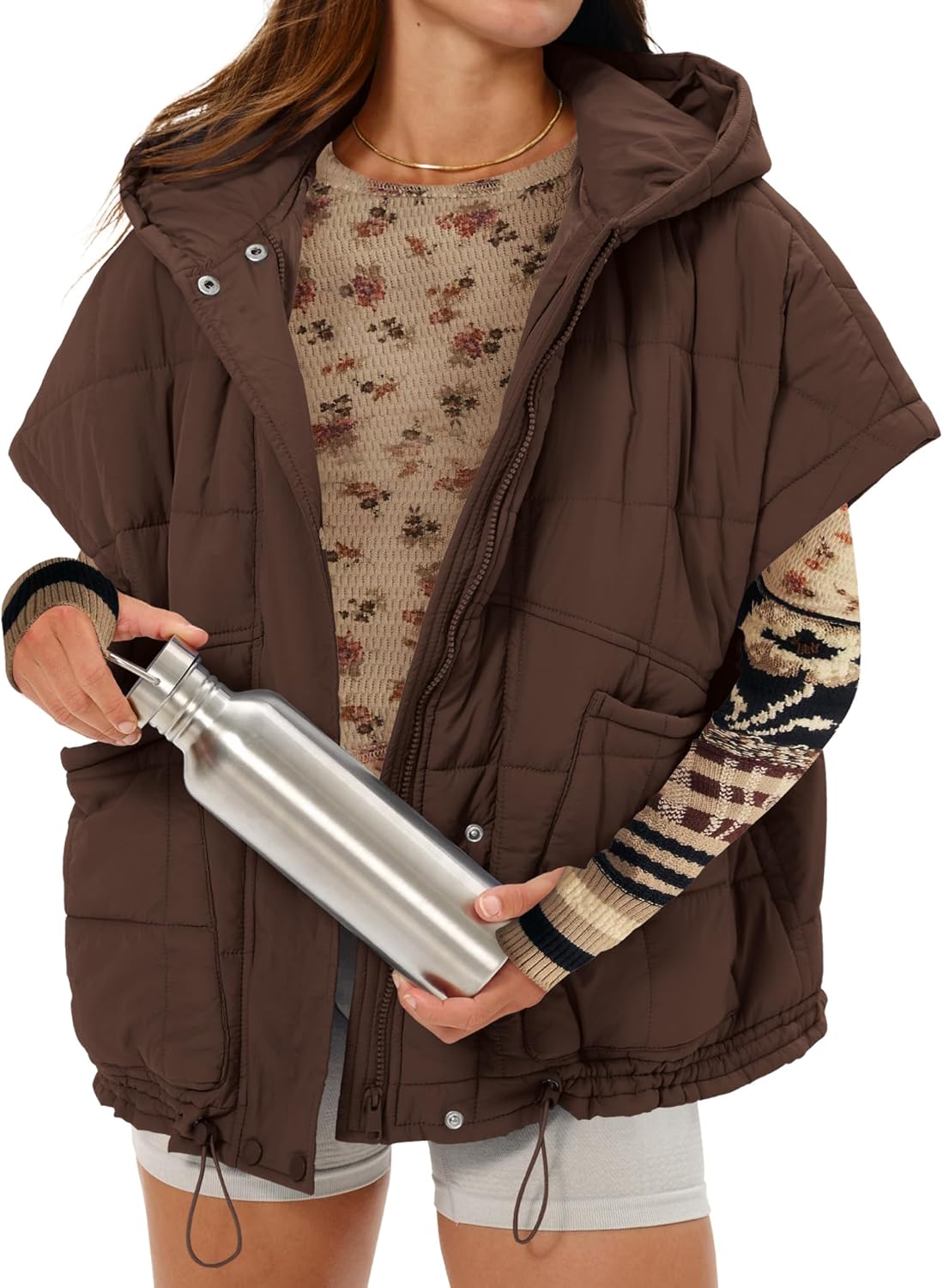 Gacaky Quilted Vest for Women Oversized Stand Collar Cap Sleeve Puffer Jacket Warm Button Zip Up Hoodies Coat Outwear