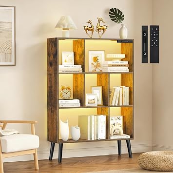7-Cube Bookshelf with LED Lights, Touch & Remote Control, Freestanding Open Bookcase Storage Shelf, Dimmable Modern Wooden Display Organizer with Legs for Living Room, Bedroom Rustic Brown