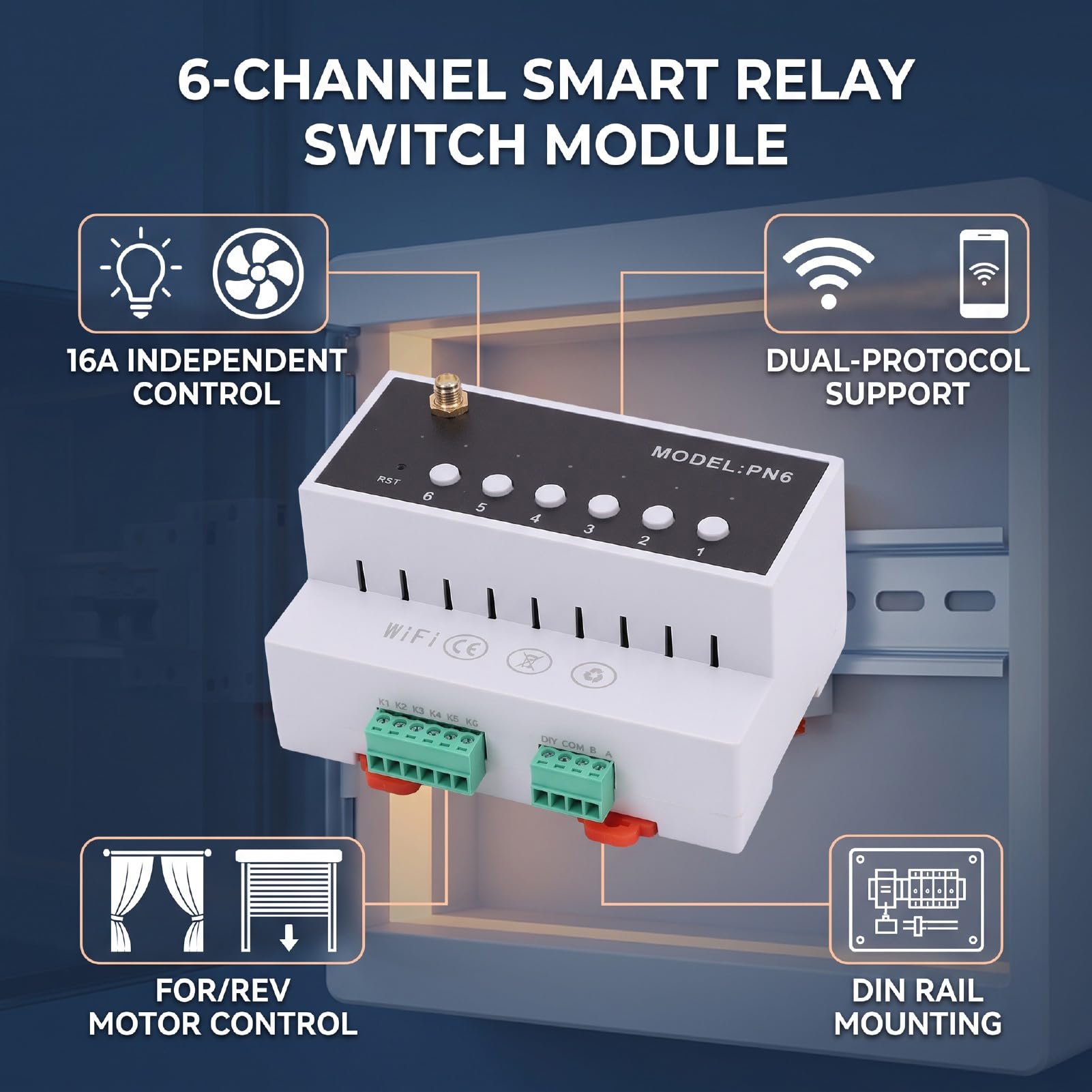 Bewinner Modulo Interruttore relè Intelligente a 6 Canali con Controllo Motore Tuya (WIFI)