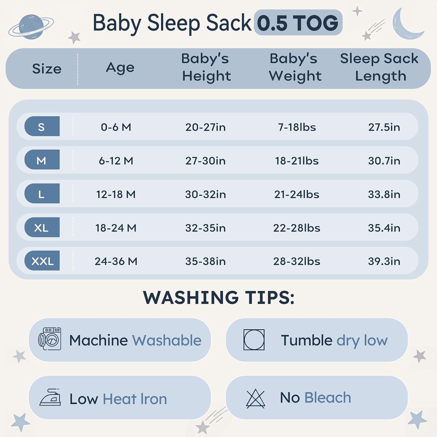 Unnivoll Baby Sleep Sack 12-18 Months 0.5 Tog Baby Wearable Blanket 100% Cotton Sleeping Sack with 2-Way Zipper for Toddler Infant Dark Blue Planet
