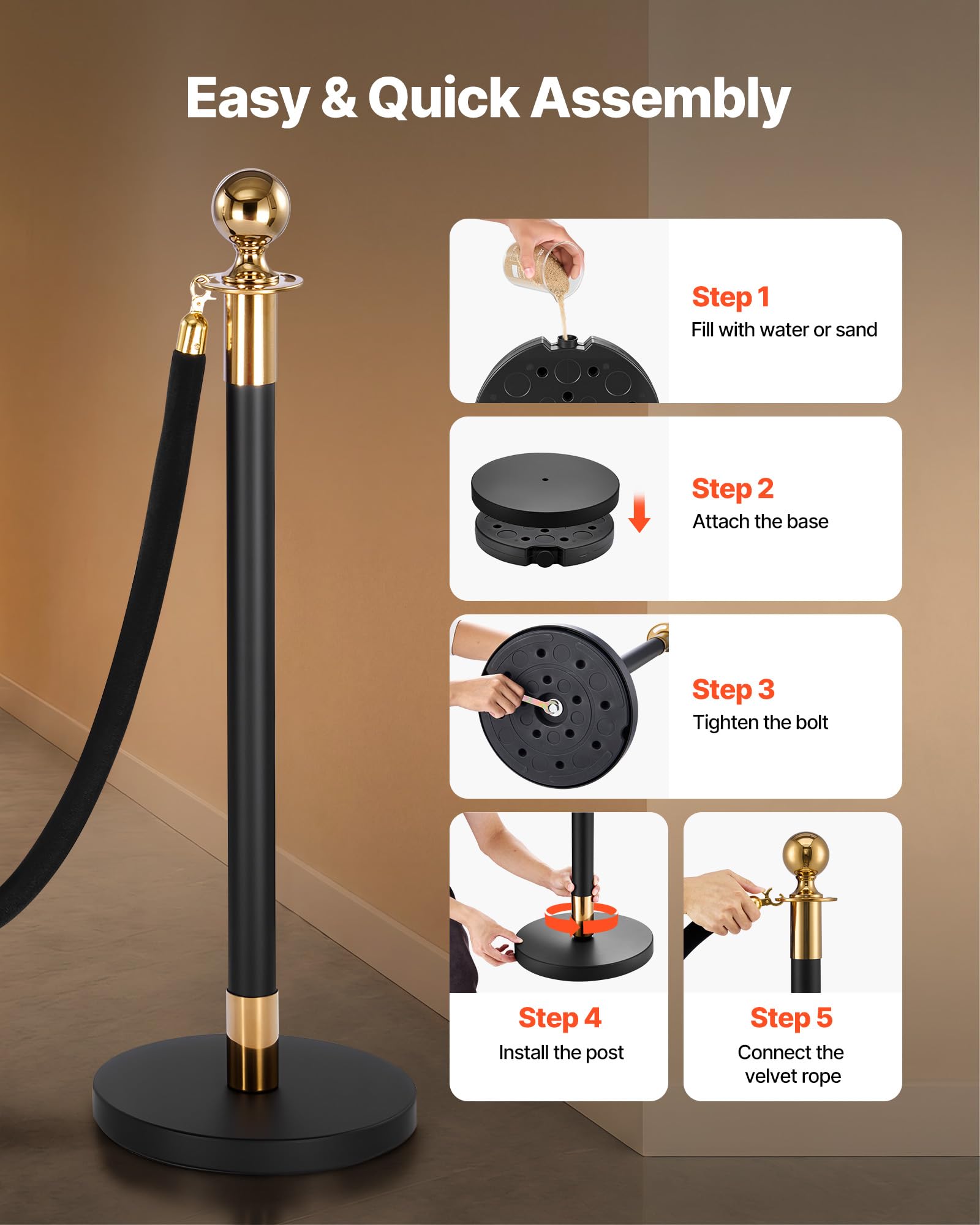 VEVOR Poste Guía de Barrera 8 Piezas con 6 Cuerdas de Terciopelo, Barrera de Marcado de Control de Multitudes con Base, para Cola de Separación de Demarcación en Teatro Hotel Exposición, Negro y Oro