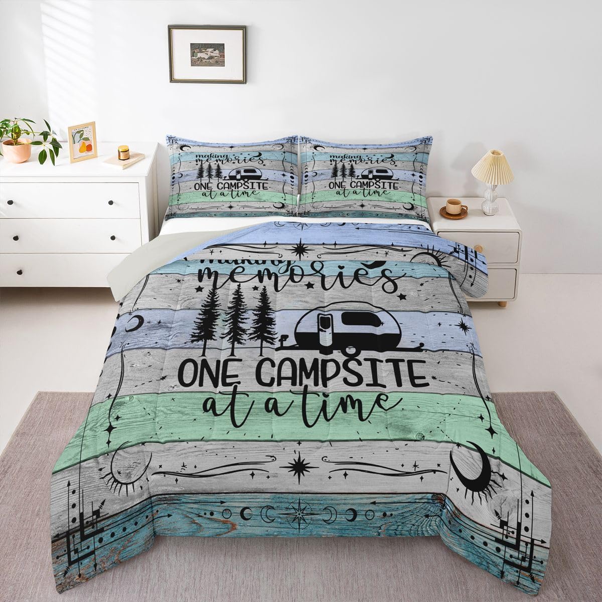 Erosebridal Camper Queen Bedding Set, Happy Camping Comforter Set Rv Decorations for Inside, Vintage Rustic Farmhouse Duvet Insert for Travel Trailers