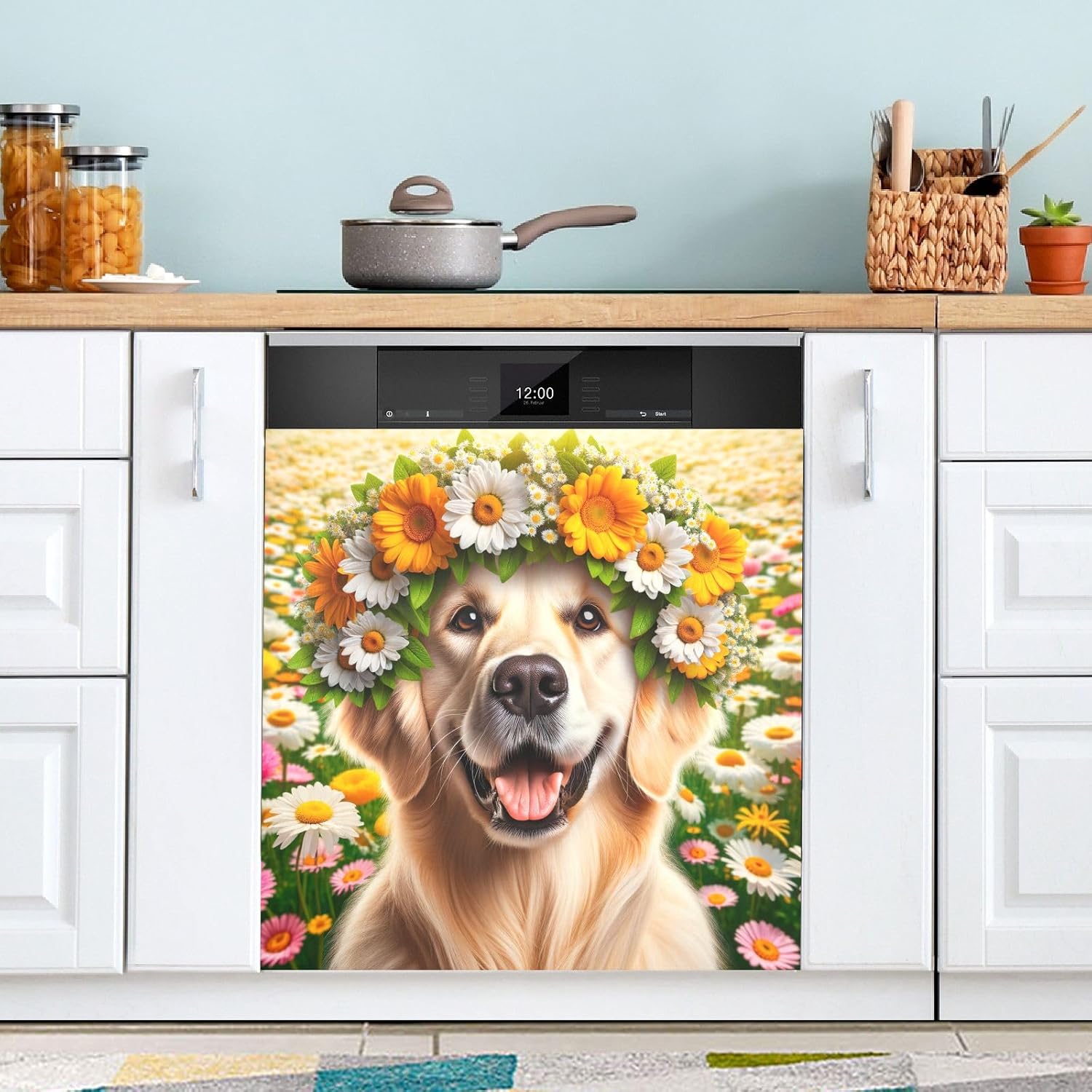 Kitchen Decor Magnetic Dishwasher Cover Sticker, Funny Frog Pink Lotus Magnetic Dishwasher Panel Decal Decorative Dish Washer Front Door Cover 23" x 26"