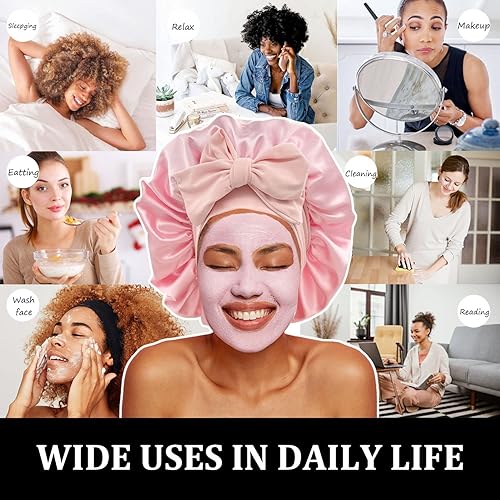 Miniatura 36 de Gorro de seda satinada para dormir, gorros grandes con banda de amarre con correas ajustables, gorras de dormir nocturnas para mujeres, cabello