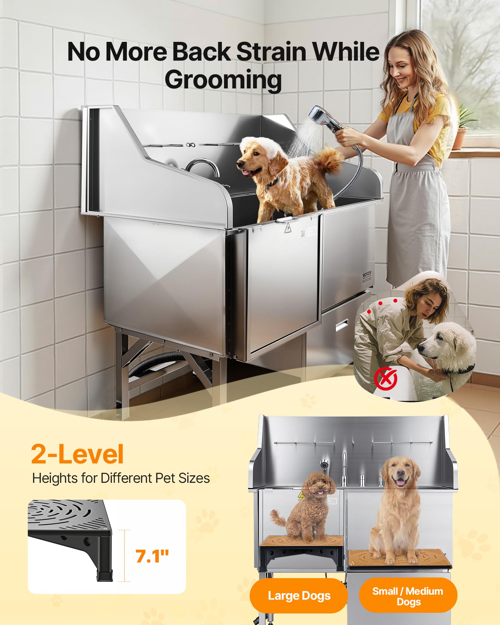 VEVOR Stazione di Lavaggio per Cani in Acciaio Inox, Vasca per Toelettatura per Animali Domestici di Grandi, Medie e Piccole Dimensioni da 127 cm con Rampa, Rubinetto e Porta Sapone, Porta Sinistra