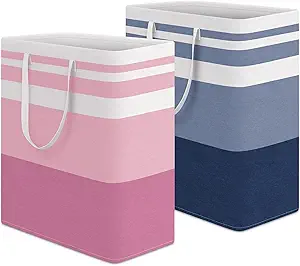 HomeHacks 2 Pack Large Laundry Baskets, Waterproof, Freestanding Laundry Hampers, Collapsible Clothes Hamper with Reinforced Handles in Laundry, College Dorm, Bathroom, Bedroom (Blue+Pink, 100Lx2)
