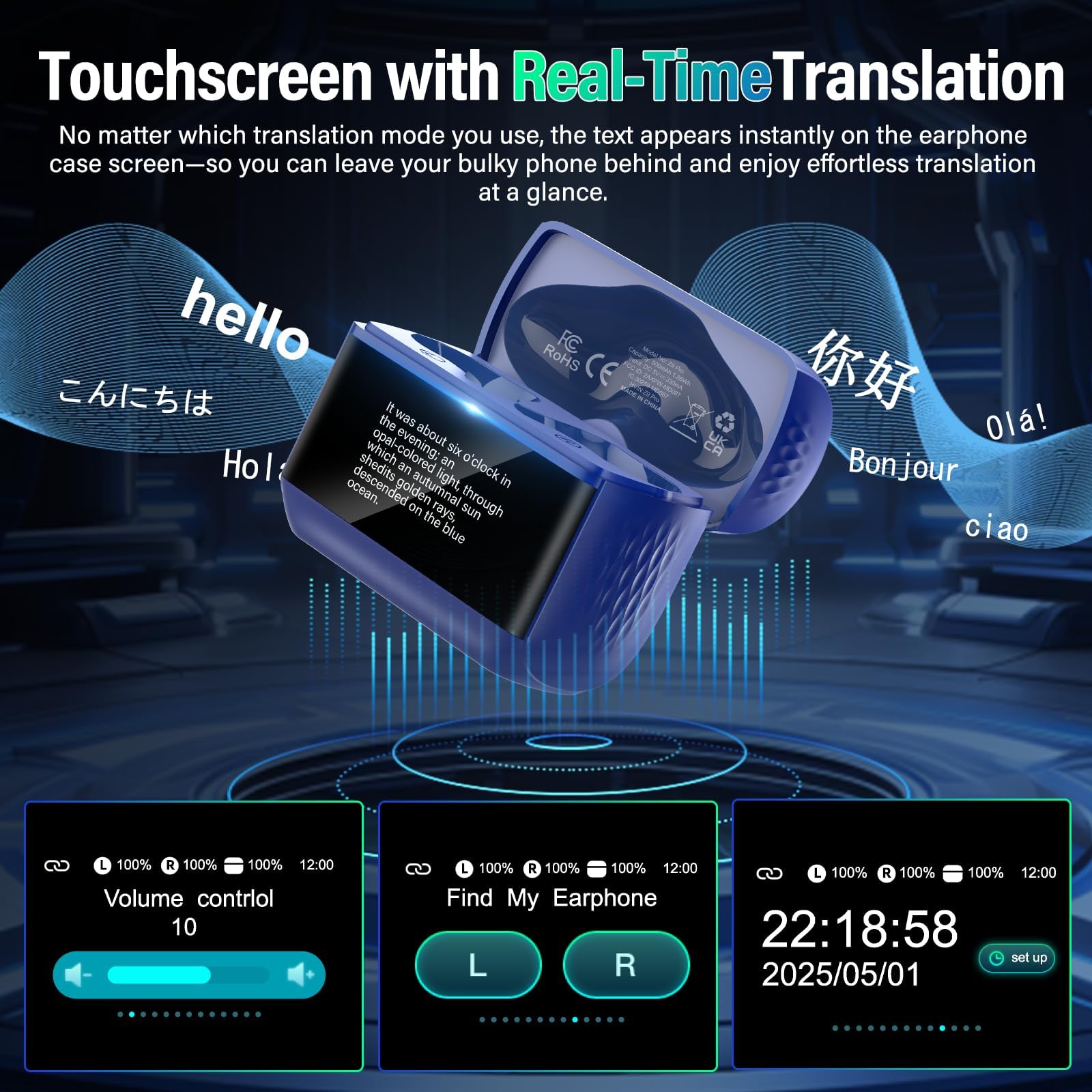 AI Auriculares Traductor en Tiempo Real con Pantalla Táctil LED, 3 en 1 Auriculares Traductores de Idiomas, 6 Modos Traducción con 164 Idiomas, Reducción de Ruido ANC+ENC, 5 Modos EQ, 48H, Bleu