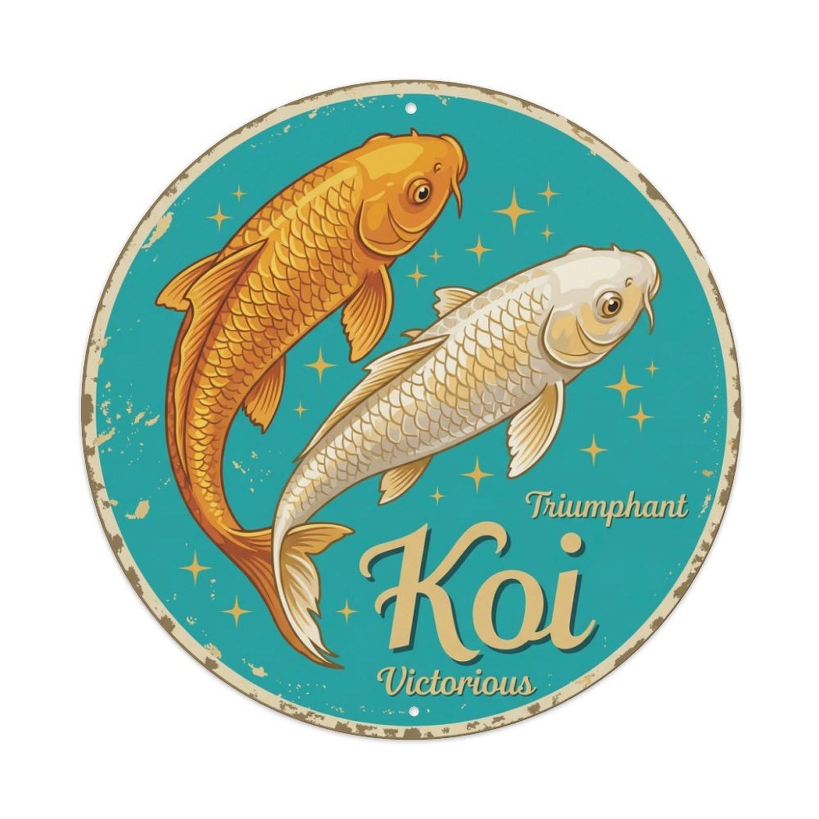 Metal Tin Sign Koi Fish Victorious Winning Japanese Vintage
