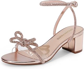 Women's Double Bowknots Crystal Sandals Low Chunky Heels Clear Slingback Dress Shoes for Wedding Bridal Party