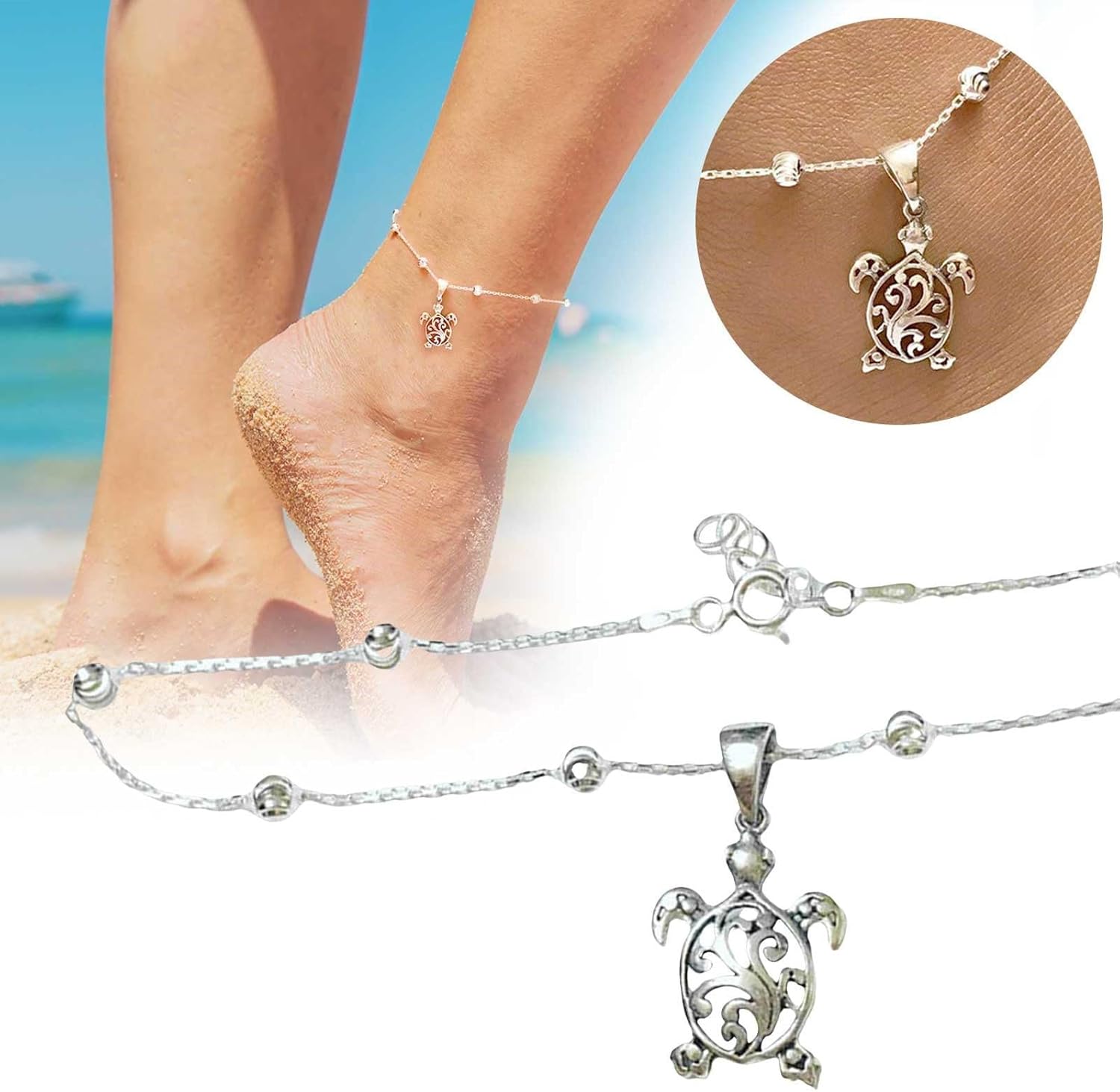 Sea Turtle Anklets for Women Adjustable Silver Turtle Anklets Beach Ankle Chain Beach Foot Jewelry for Women - Image 4