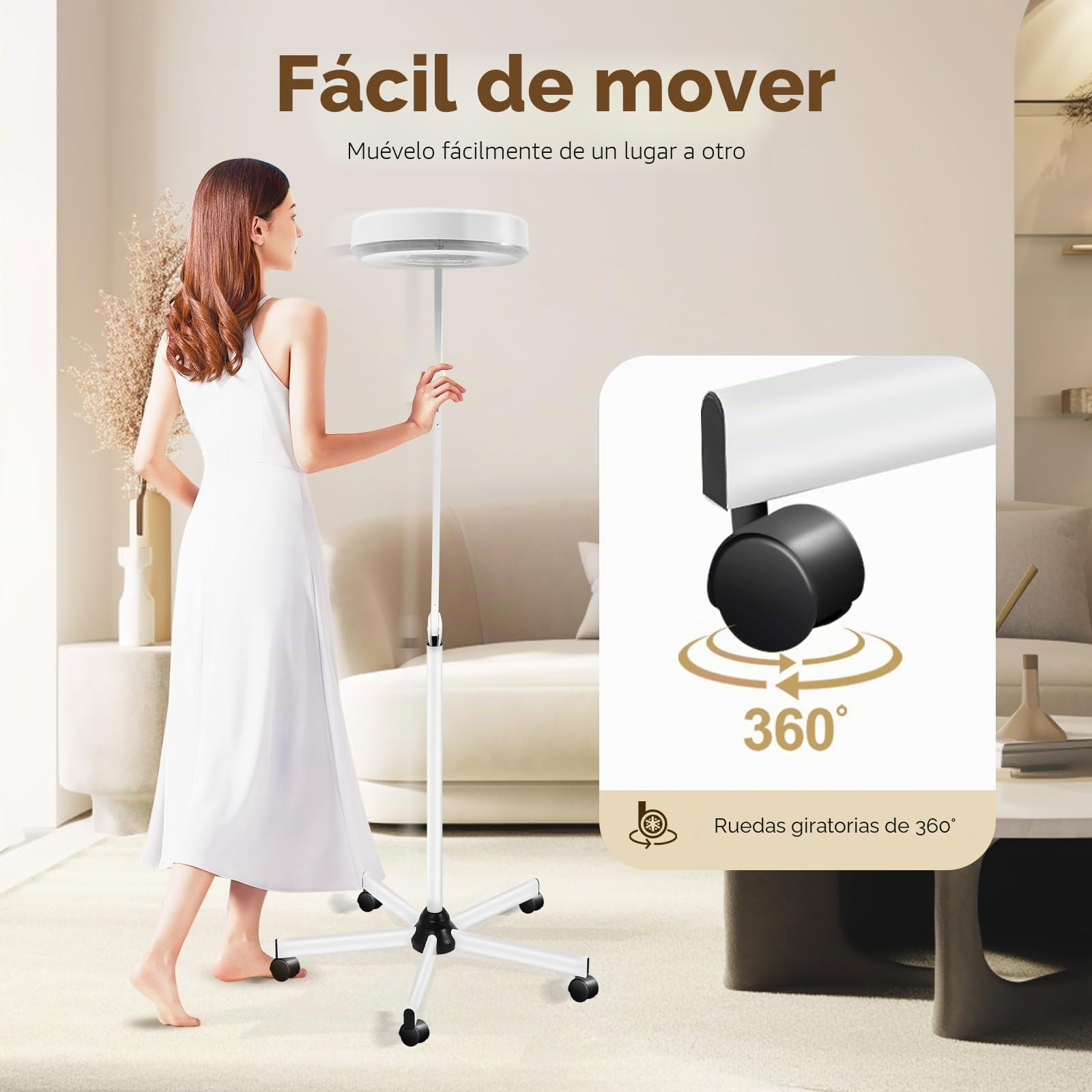Lámpara de lupa de pie, lupa de pie, con iluminación rotativa de 180° con ruedas, lámpara lupa profesional, lámpara estética, 5 veces la tasa de ampliación(blanco)