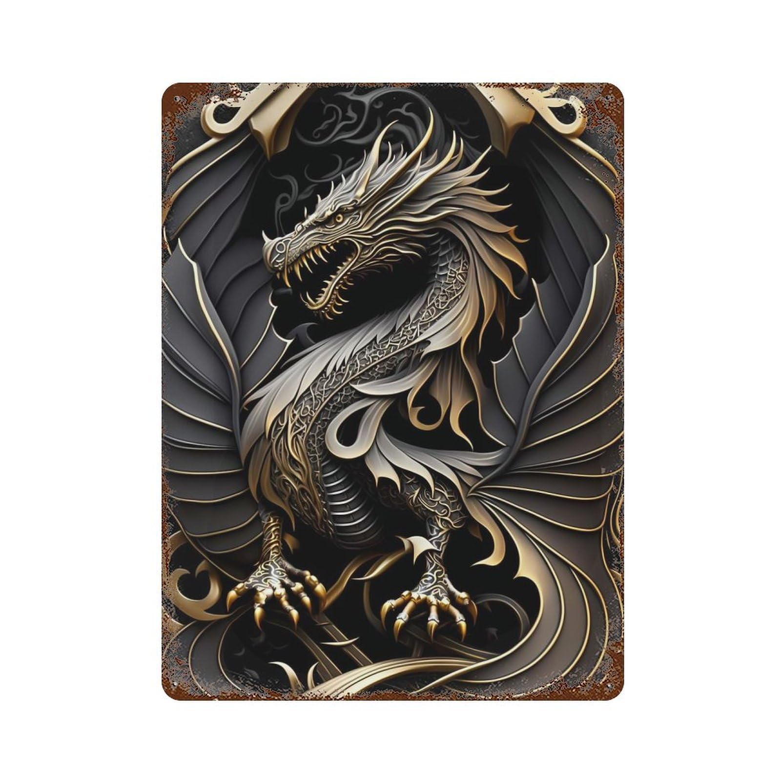 Rust Effect Dragon Guardian Aged Metal Wall Plaque 15.7"x11.8", Classic Wall Plaque for Basement, Hobby Room And Garage Decor