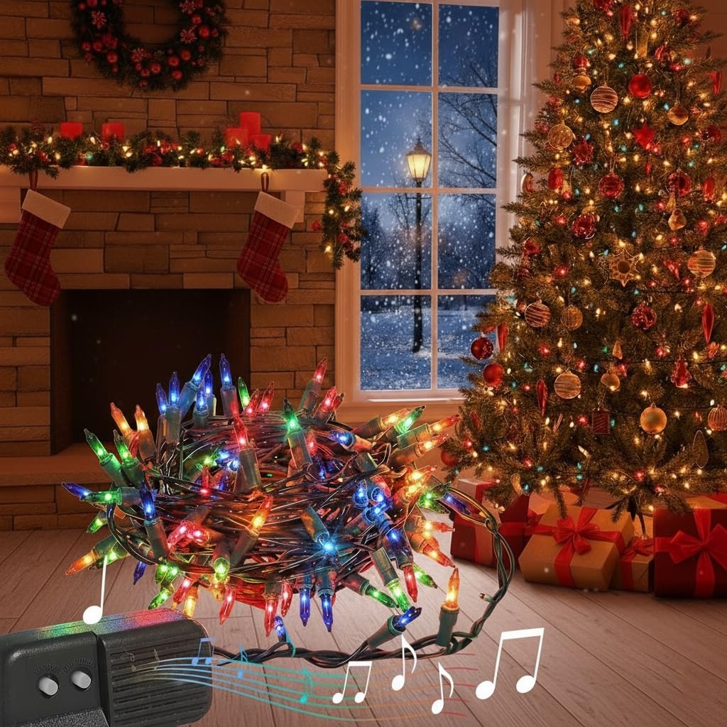 GILBIN Waterproof Bulbs for Outdoor use Multi-Color Musical Christmas Lights - Plays 25 Classical Holiday Songs - 8 Function Chaserm, Green Wire, 2" Space Between Bulbs, Switch Allows to Mute Music
