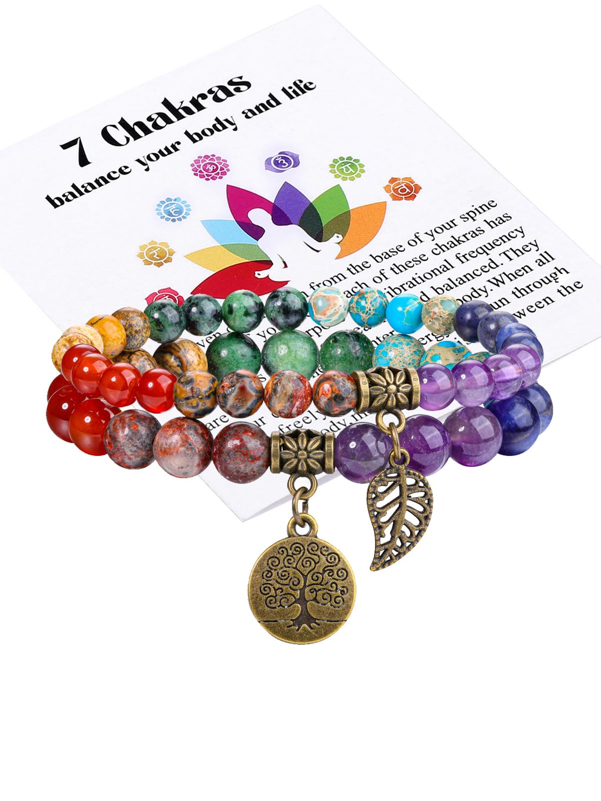 JSDDE Natural Crystals Bracelet Set Healing Crystal Gemstone Beads Stretch Bracelets with Life Tree Leaf Charm for Women Gifts