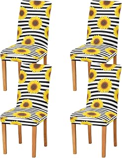 Sunflower Stripe Chair Covers for Dining Room Removable Washable Dining Chair Covers Set of 2 for Home Party Hotel Wedding Ceremony