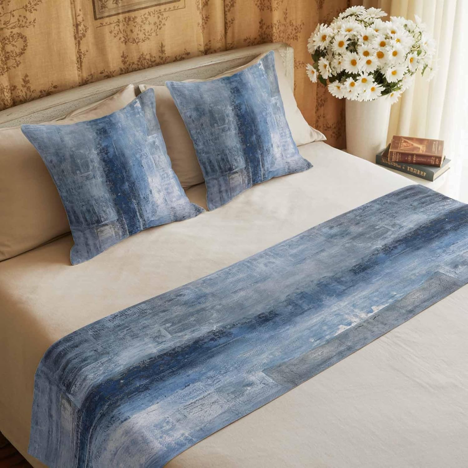 Bed Runner for King Size Bed, Blue Decorative Beds Runners and 2 Matching Pillow Covers Set, Retro Oil Painting Modern Abstract Art Aesthetics Beds Scarf Throw for Foot of Bedding Set for Hotel