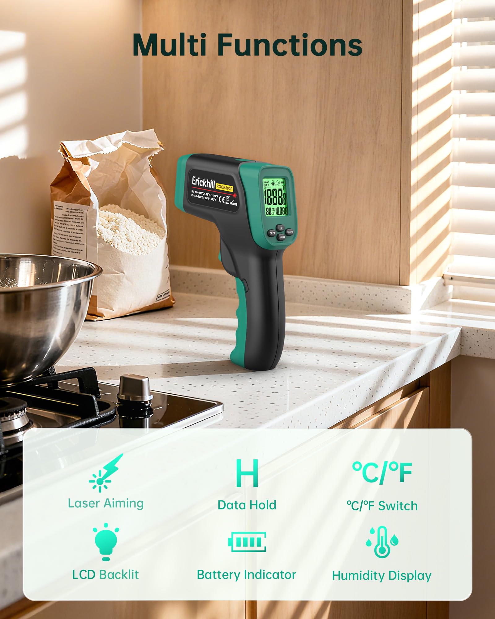 ERICKHILL Infrared Thermometer Gun, Dual Mode IR Laser Thermometer with -50°C~800°C and Meat Probe (-50°C~300°C), Non-Contact Digital Thermometer for Cooking, BBQ, and Industrial Use — Amazon image 9