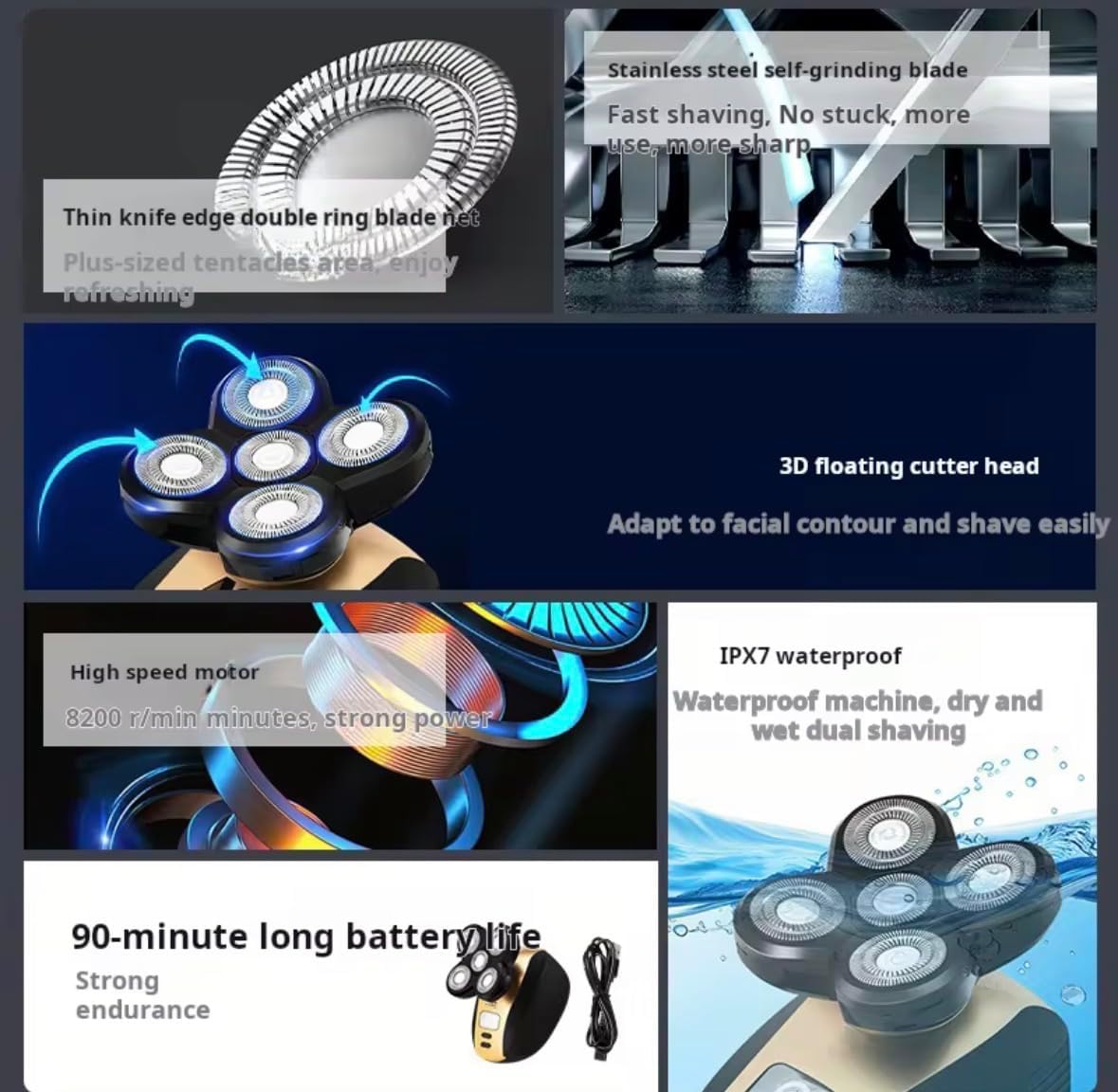 Male God Clean World 5-in-1 Electric Shaver, IPX7 Waterproof, 3D Floating Head, 90-Min Battery Life, High Speed Motor, Wet Dry Cordless Razor