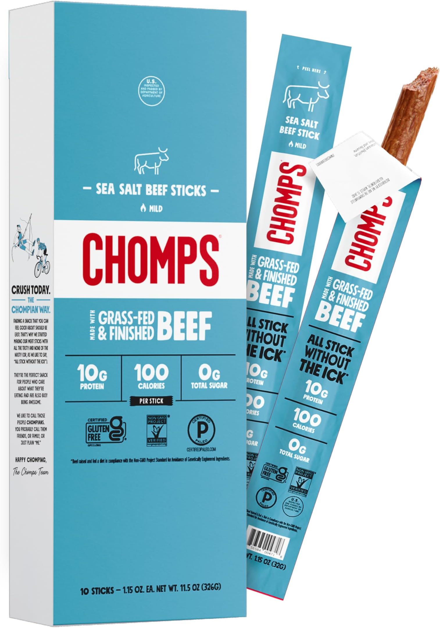 Grass Fed Beef Jerky Meat Snack Sticks, AIP Diet Compliant, Keto, Paleo, Whole30 Approved, Low Carb, Gluten Free, Sugar Free, 90 Calories 1.15 Oz Sticks, Sea Salt Beef 10 Pack