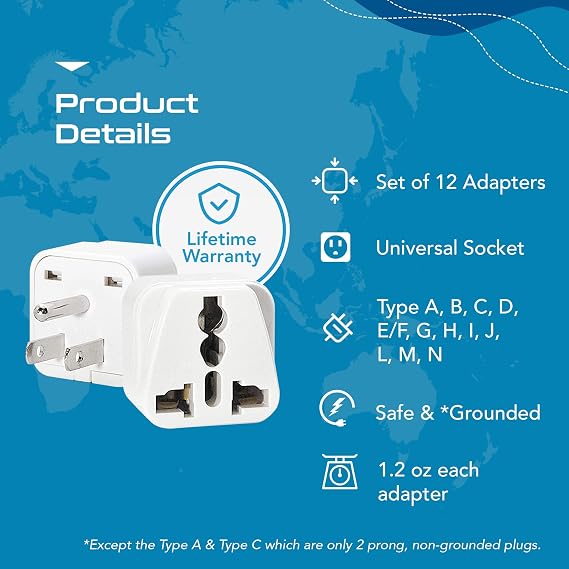 Ceptics Travel Adapter with Types A-M Plugs, Travel Plug Adapter Set Compatible with Power Sockets in All Continents, Compact World International Plug Adaptor Kit, Set of 12,GP-12PK