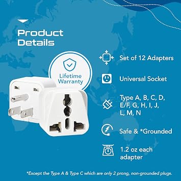 Ceptics Travel Adapter with Types A-M Plugs, Travel Plug Adapter Set Compatible with Power Sockets in All Continents, Compact World International Plug Adaptor Kit, Set of 12,GP-12PK