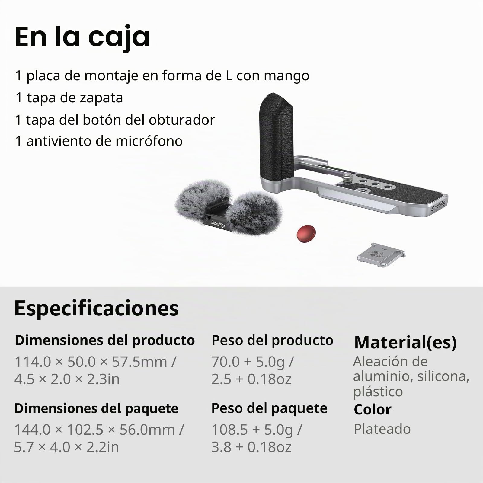 SMALLRIG X-M5 Empuñadura en Forma de L para Cámara para FUJIFILM X-M5, Placa de Liberación Rápida Incorporada para Arca, Incluye Parabrisas con Adaptador de Zapata Fría (Plateada) - 4875