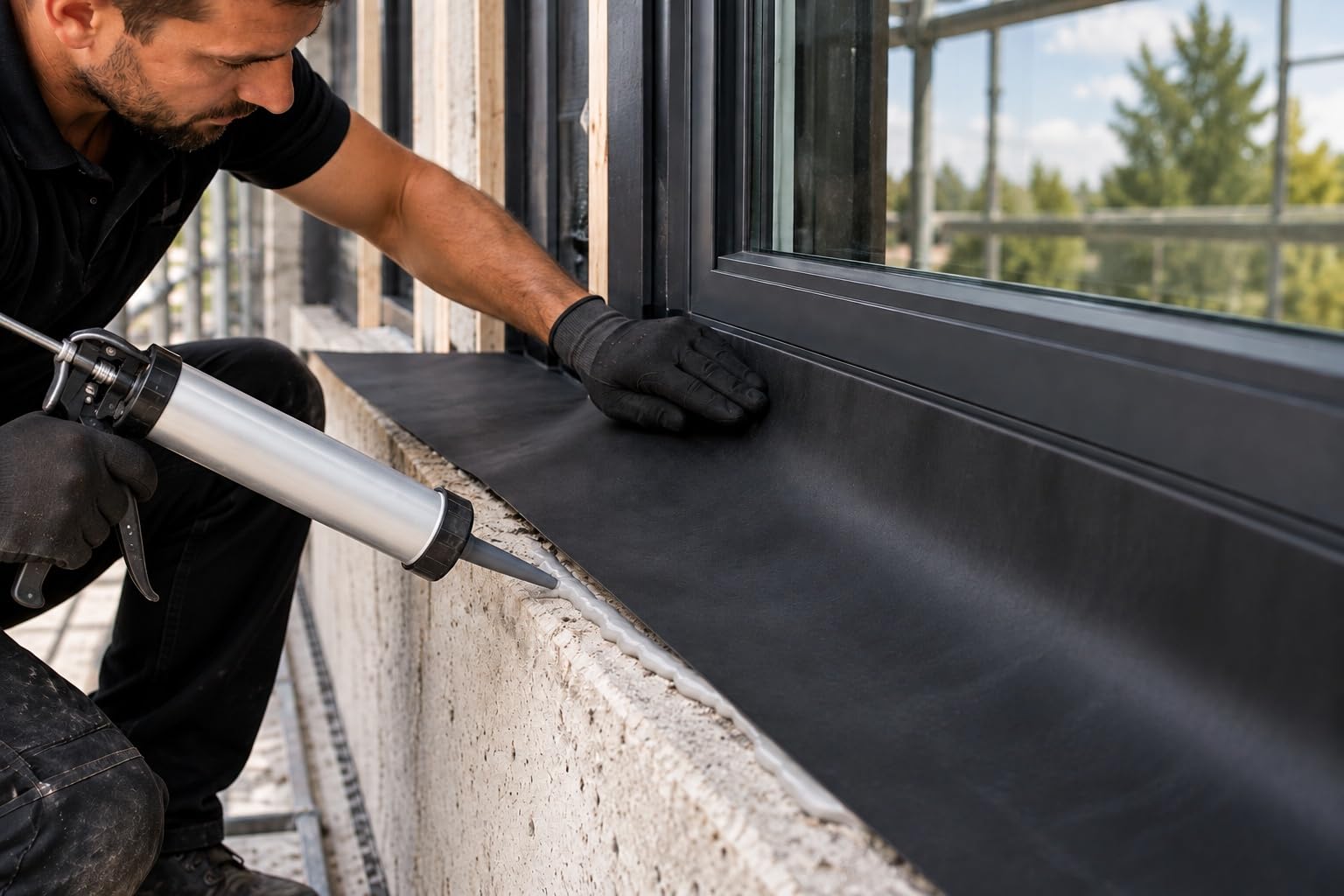 EPDM Folie 100 mm x 20 m – flexible, wasserdichte und diffusionsoffene Abdichtungsfolie mit Selbstklebestreifen für Fenster, Türen, Anschlüsse und Sockel im Außenbereich (100 mm)