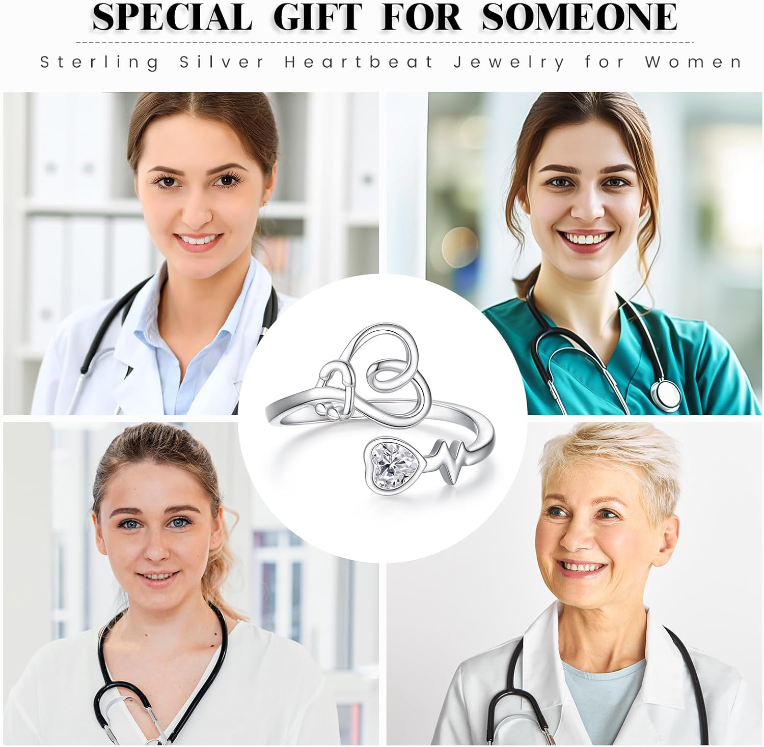 925 Sterling Silver Stethoscope Rings for Women, Adjustable Medical Rings Heartbeat Jewelry Doctor Nurse Graduation Student Gifts for her