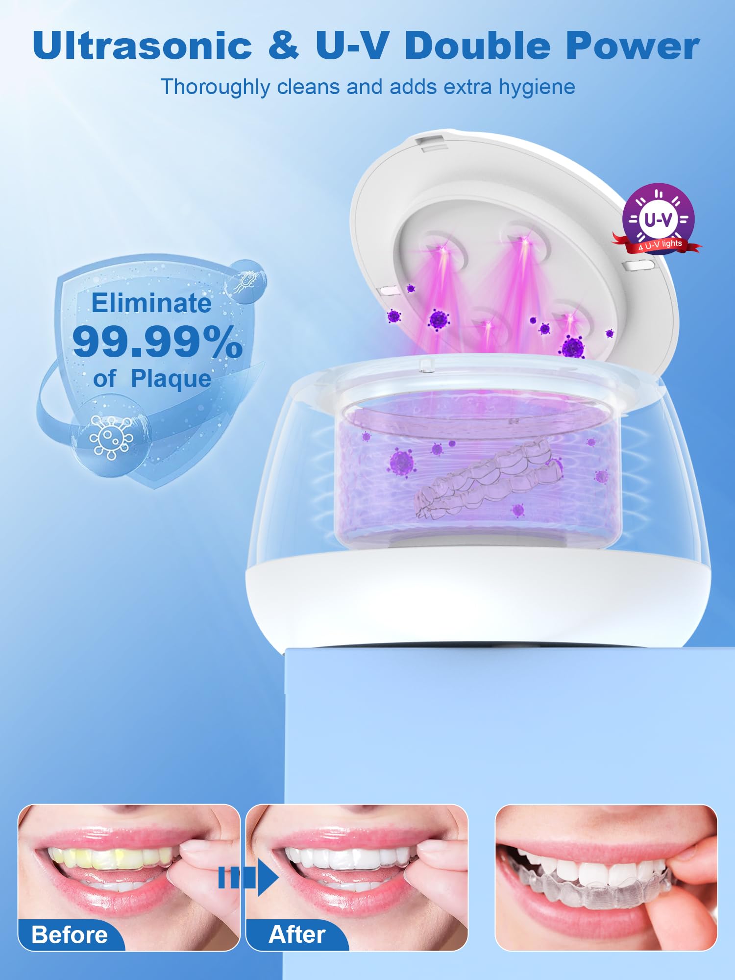 Limpiador ultrasónico de retención: kunphy 48 kHz limpiador ultrasónico, cápsula dental para alineador, protectores nocturnos, protectores bucales deportivos, aparatos ortopédicos, cabezales de