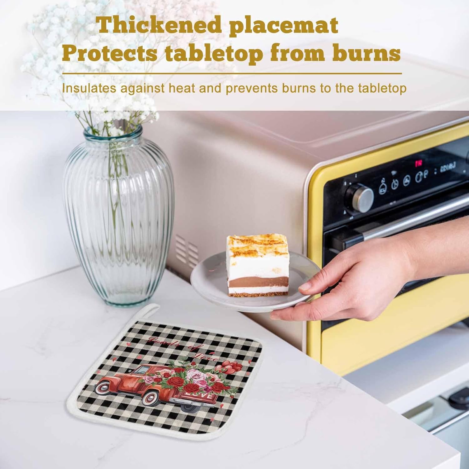 5 Pack Pot Holders Heat Insulation Hot Pads,Valentine Retro Farm Truck and Roses Washable Oven Pot Holder Set for Kitchen Black White Buffalo Plaid Potholders for Baking Cooking Dining Table