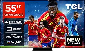 TCL 55Q7C, 55'' QD-Mini LED TV, 4K HDR Premium 2600, Smart TV con Google TV (Dolby Vision IQ y Atmos, Panel CrystGlow HVA, Audio by Bang & Olufsen, Motion Clarity Pro de 144 Hz, Game Master)