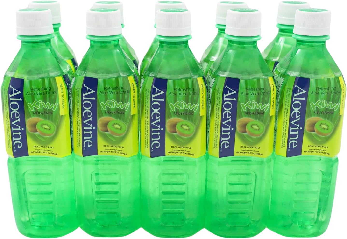 Aloevine Aloe Vera Drink Kiwi healthy juice pure with chunks of aloe l 16.9 oz. 10 pack l plant based Vegetable Korean drinks