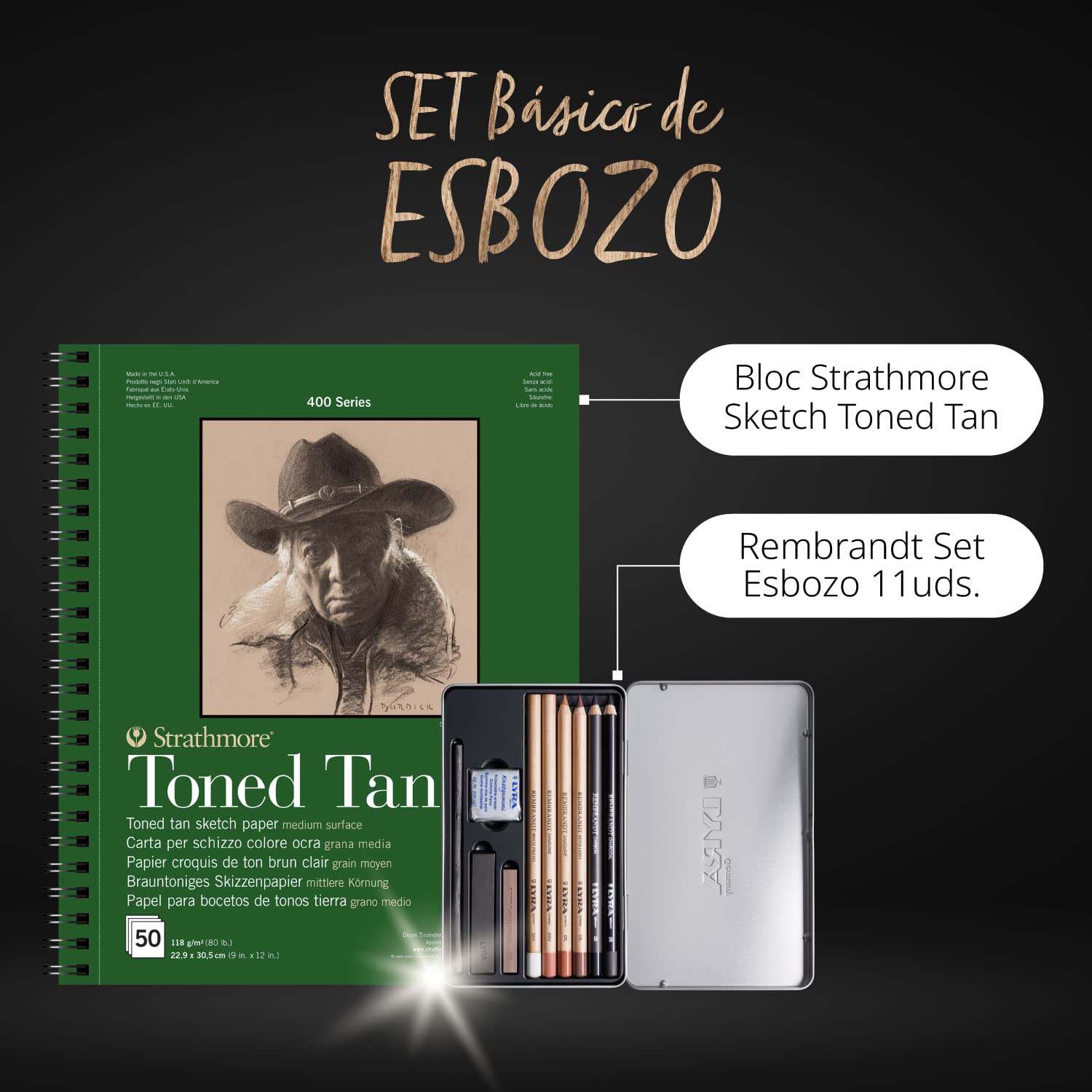 Block Strathmore Sketch, verleimt, 22,9 x 30,5 cm, mit 50 Blatt à 118 g, Toned Tan und Skizzen-Set mit 11 Stück, Metalletui Lyra Rembrandt - Ofituria