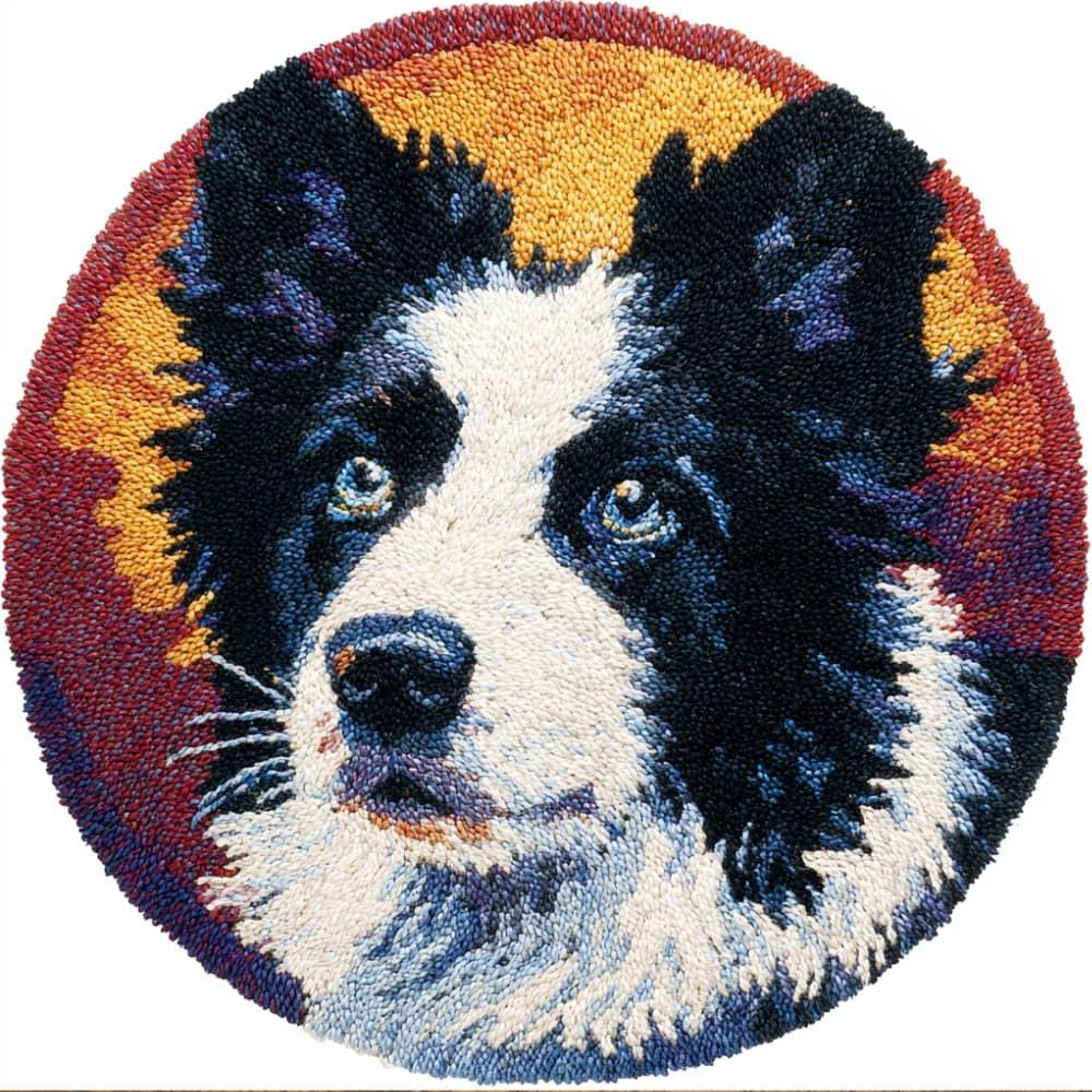 kitphoenix DIY Latch Hook Rug Kits Border Collie Easy for Beginners Round Carpet Crochet Yarn Craft Large Rug Hook and Latch Tapestry for Home Decor 50X50Cm