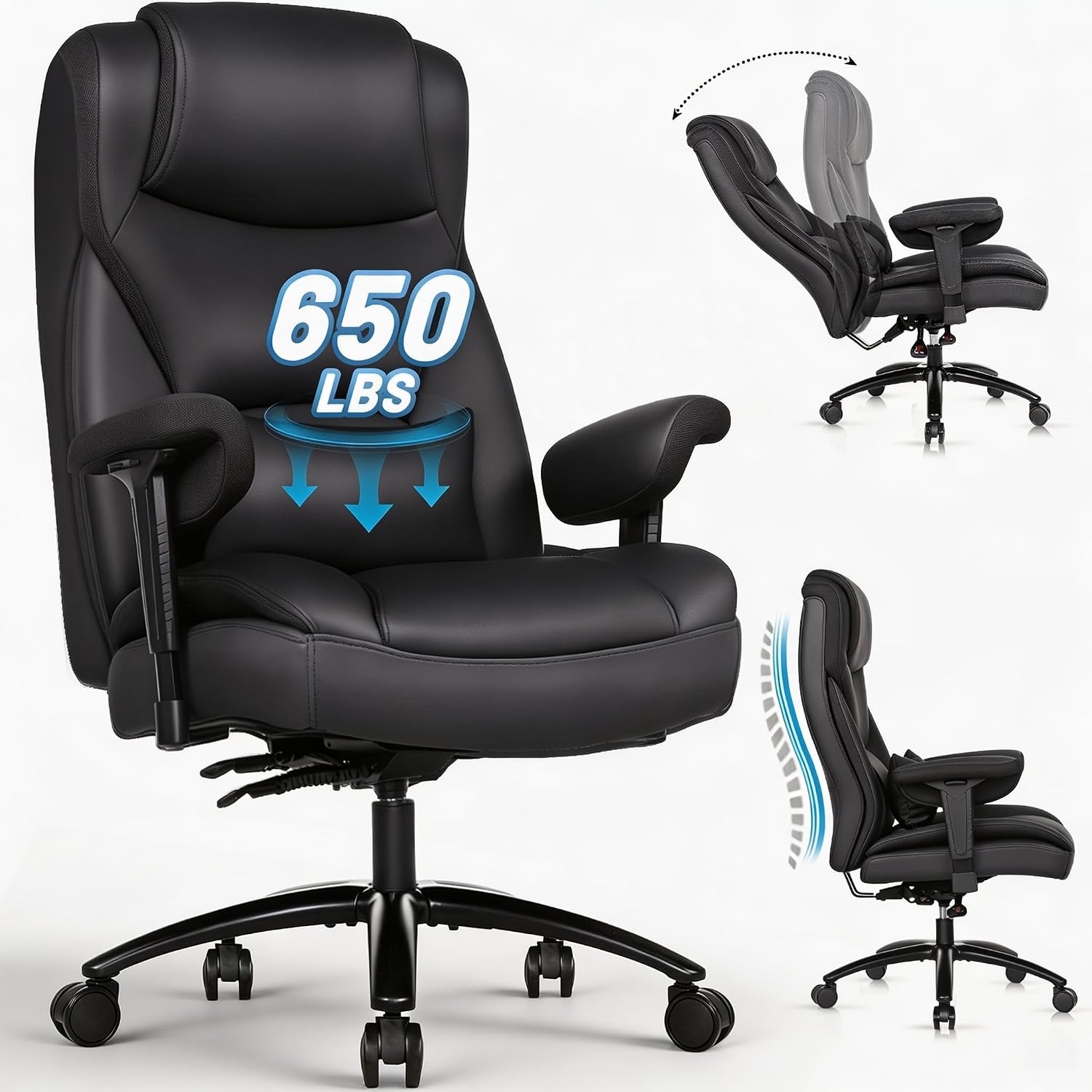 650 Lb Leather Executive Chair with 5-Position Armrests