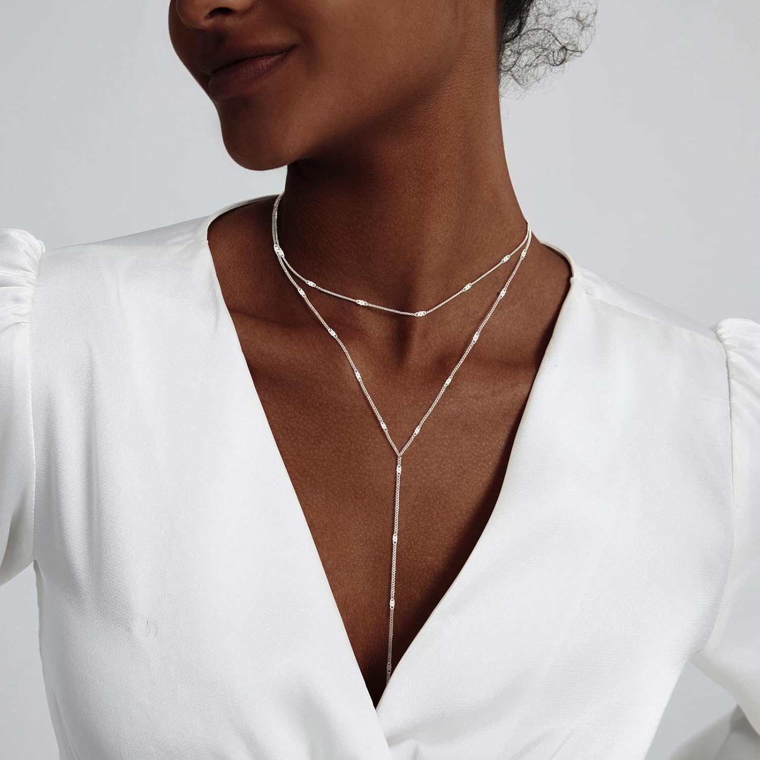 Lariat Gold Necklace for Women, Dainty Long Necklace 14k Gold Plated/Silver Y-Shaped Layered Beaded Chain Drop Necklaces for Women Trendy Simple Gold Jewelry for Women Gifts - Image 4