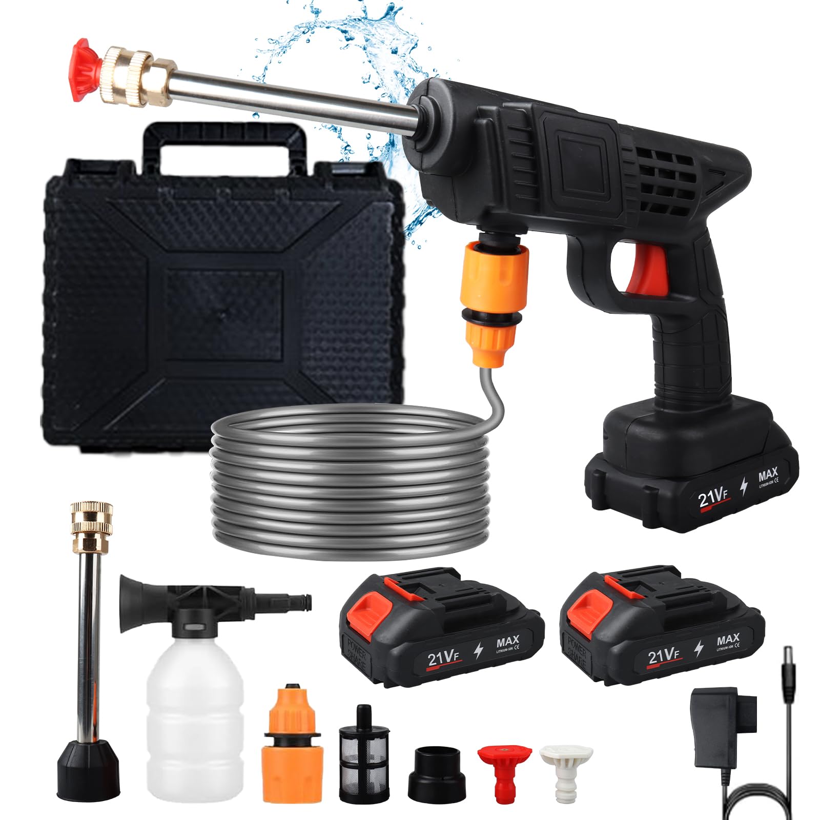 Hidrolimpiadora de Alta Presión 21V Hidrolimpiadora Portatil con 2 Baterías | Pistola de Agua Alta Presión con 2 Boquillas, Lavadora a Presión Inalámbrica para Limpieza de Jardín/Coche/Piso