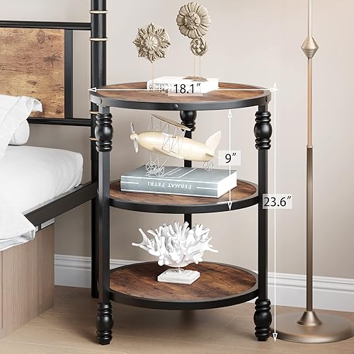 Miniatura 6 de IDEALHOUSE Mesa auxiliar redonda de 3 niveles, mesa auxiliar de sala de estar con estante de almacenamiento y mesa auxiliar de madera industrial de
