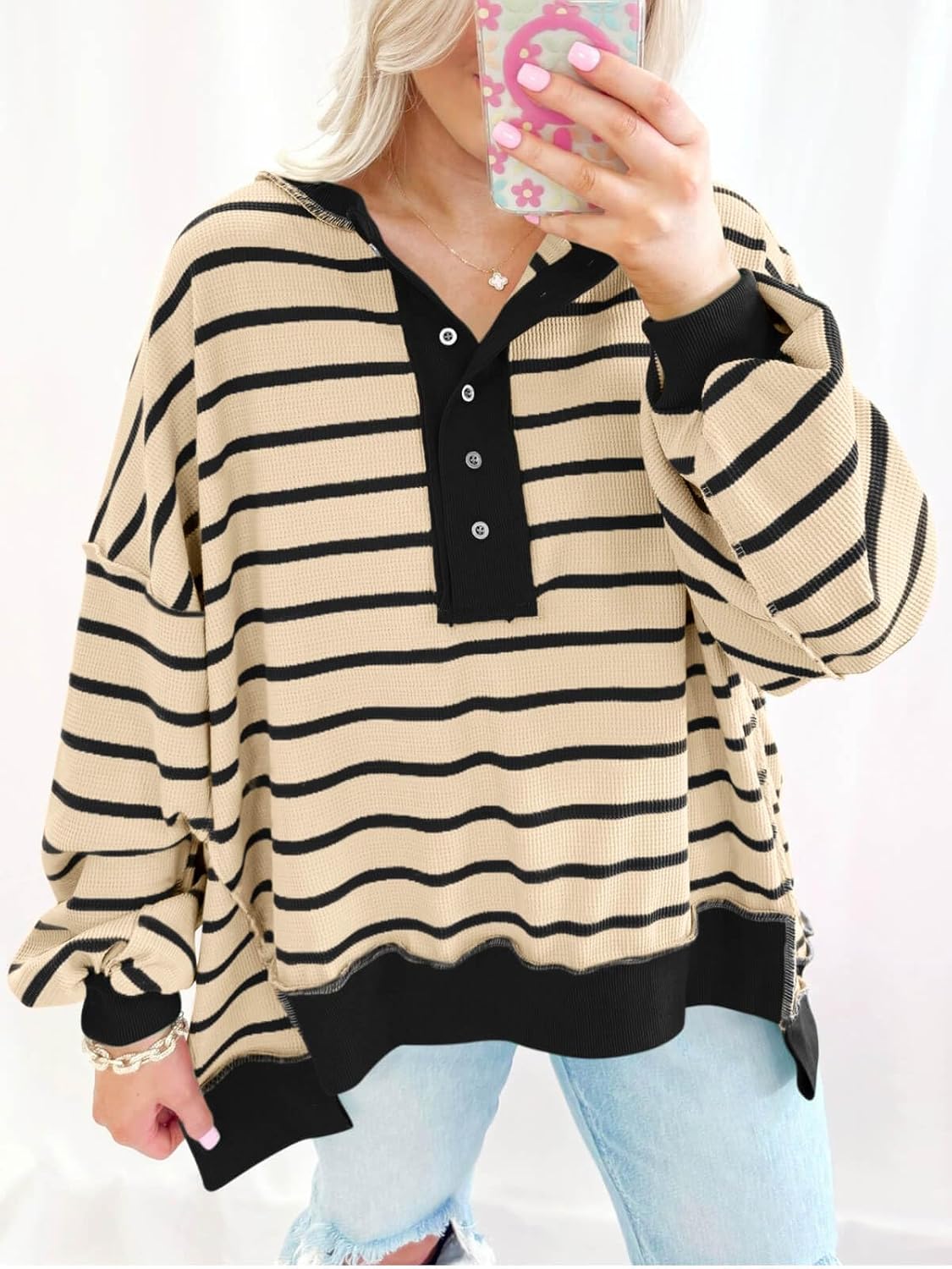 Tankaneo Womens Oversized Striped Sweatshirts Henley Shirts Color Block Casual Pullover Waffle Knit Tops - Image 4