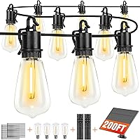 Vista 1 de Cadena de luces LED solares para exteriores de 200 pies, luces de patio con 108 bombillas de Edison vintage ST38 de plástico inastillables de 2700K
