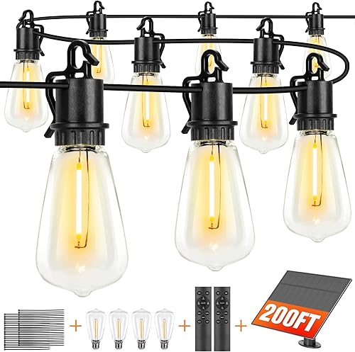 Cadena de luces LED solares para exteriores de 200 pies, luces de patio con 108 bombillas de Edison vintage ST38 de plástico inastillables de 2700K