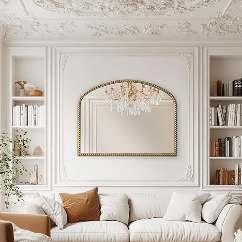 Miniatura 6 de Espejo de baño de oro antiguo arqueado, marco de cuentas de metal, espejos de pared decorativos para tocador, dormitorio, entrada