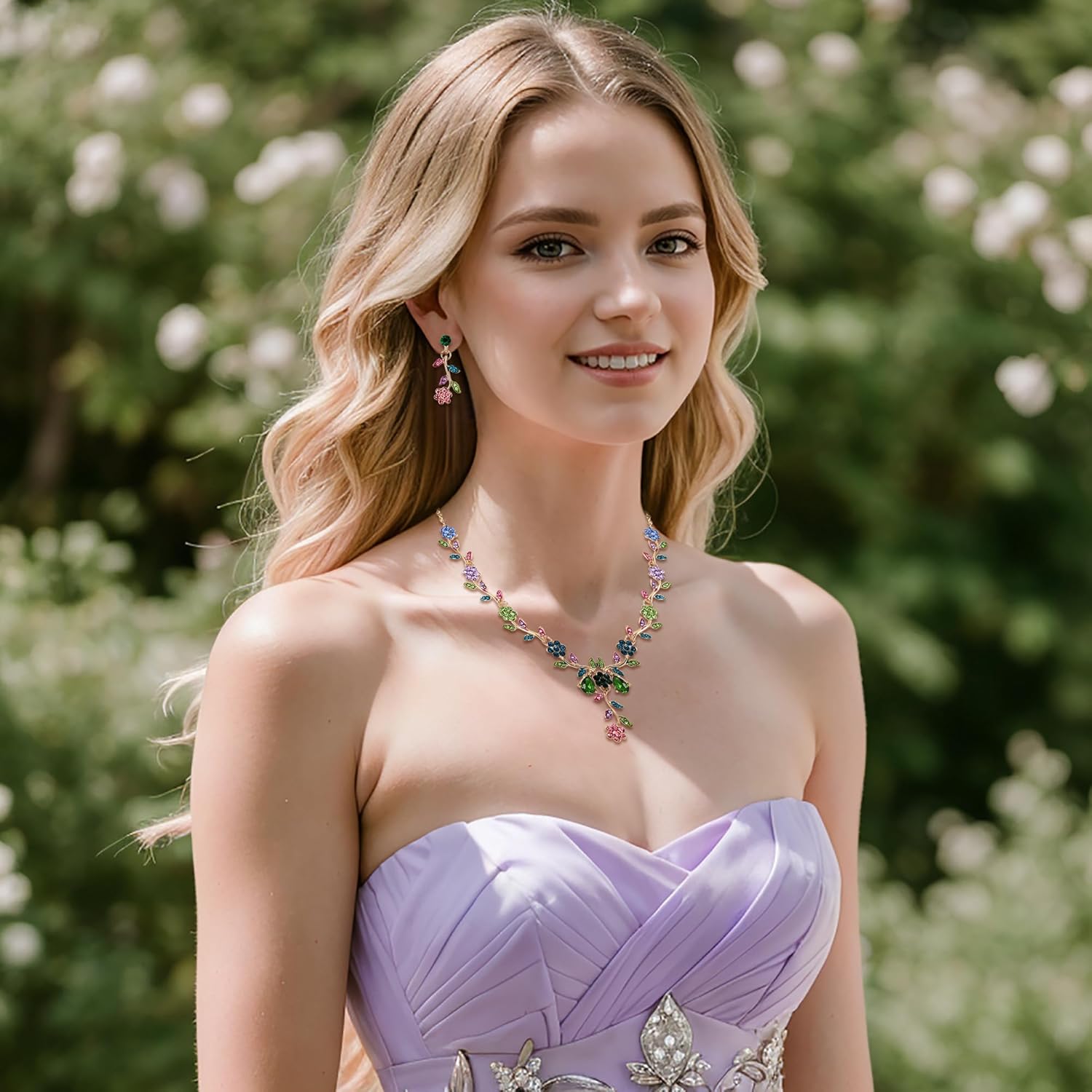 BriLove Women's Wedding Jewelry Leaf Cluster Flower Crystal Dangle Earrings Pendant Necklace Set for Bridal - Image 2