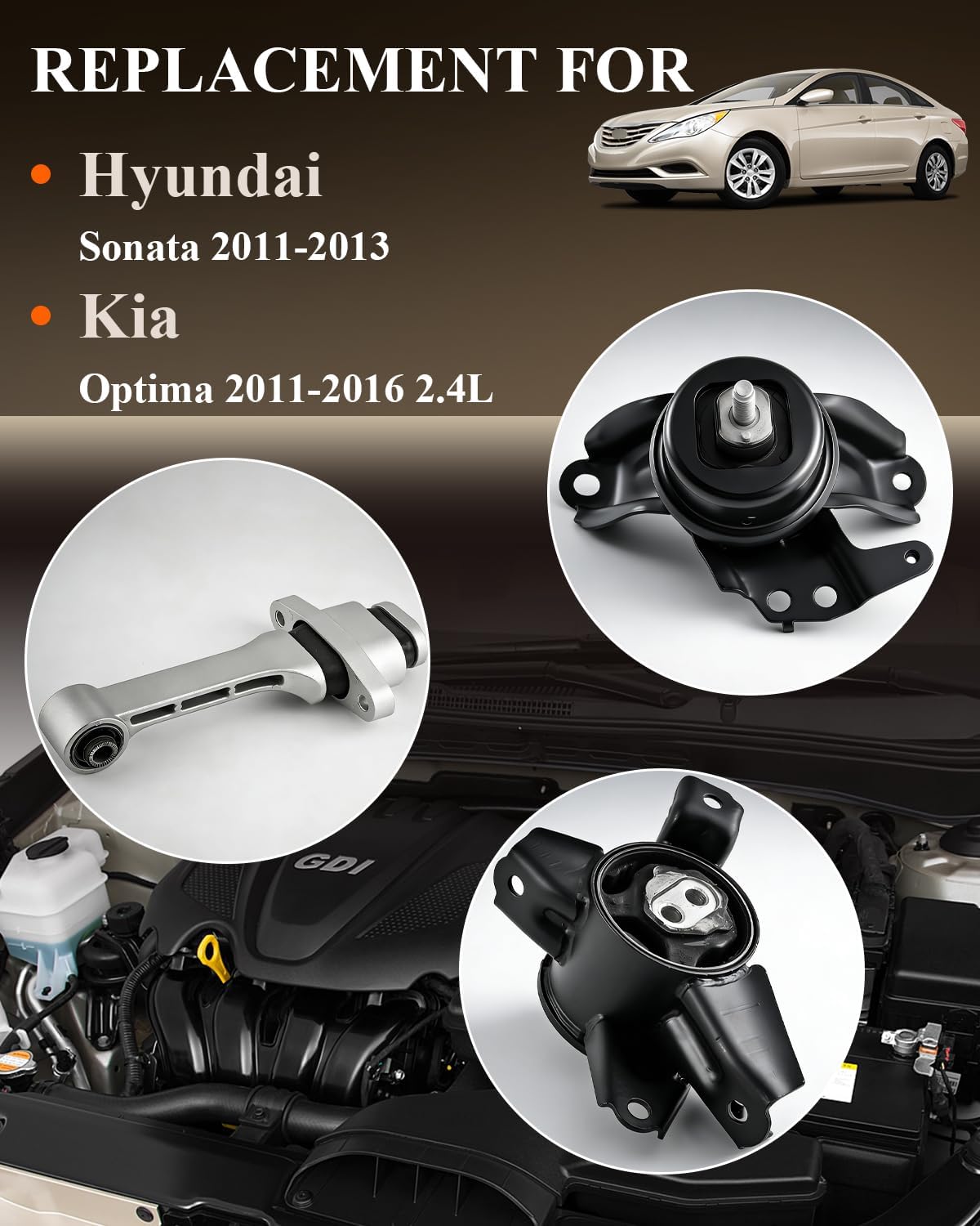 Engine Motor Mount & Trans Mount Replacement for Sonata 2011 2012 2013; Optima 2011 2012 2013 2014 2015 2016 2.4L, Engine Mount Set of 3 Replaces OE# A71034 A71001 A7197 GP9760 GP9766 GP9755