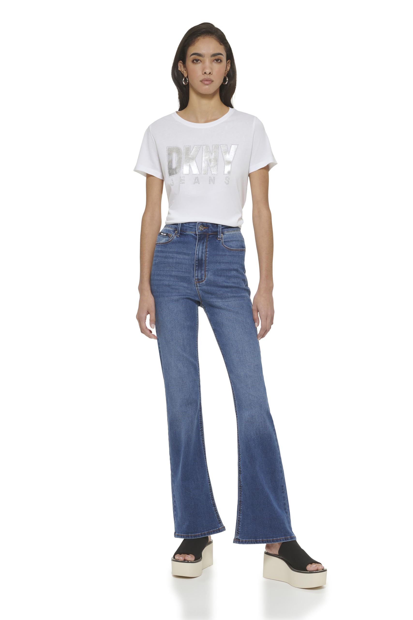 DKNY Women's Boreum High Rise Flare Jeans, Medium Wash Denim, 26